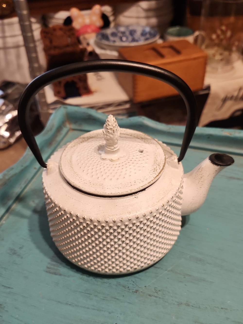 White Textured Cast Iron Teapot with Black Handle - Home Art